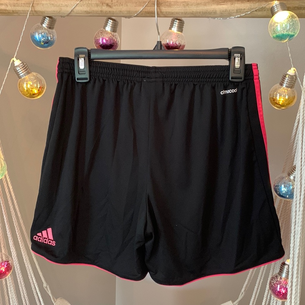 Adidas- Women’s- Medium- Black/ Pink strip sheer athletic shorts.